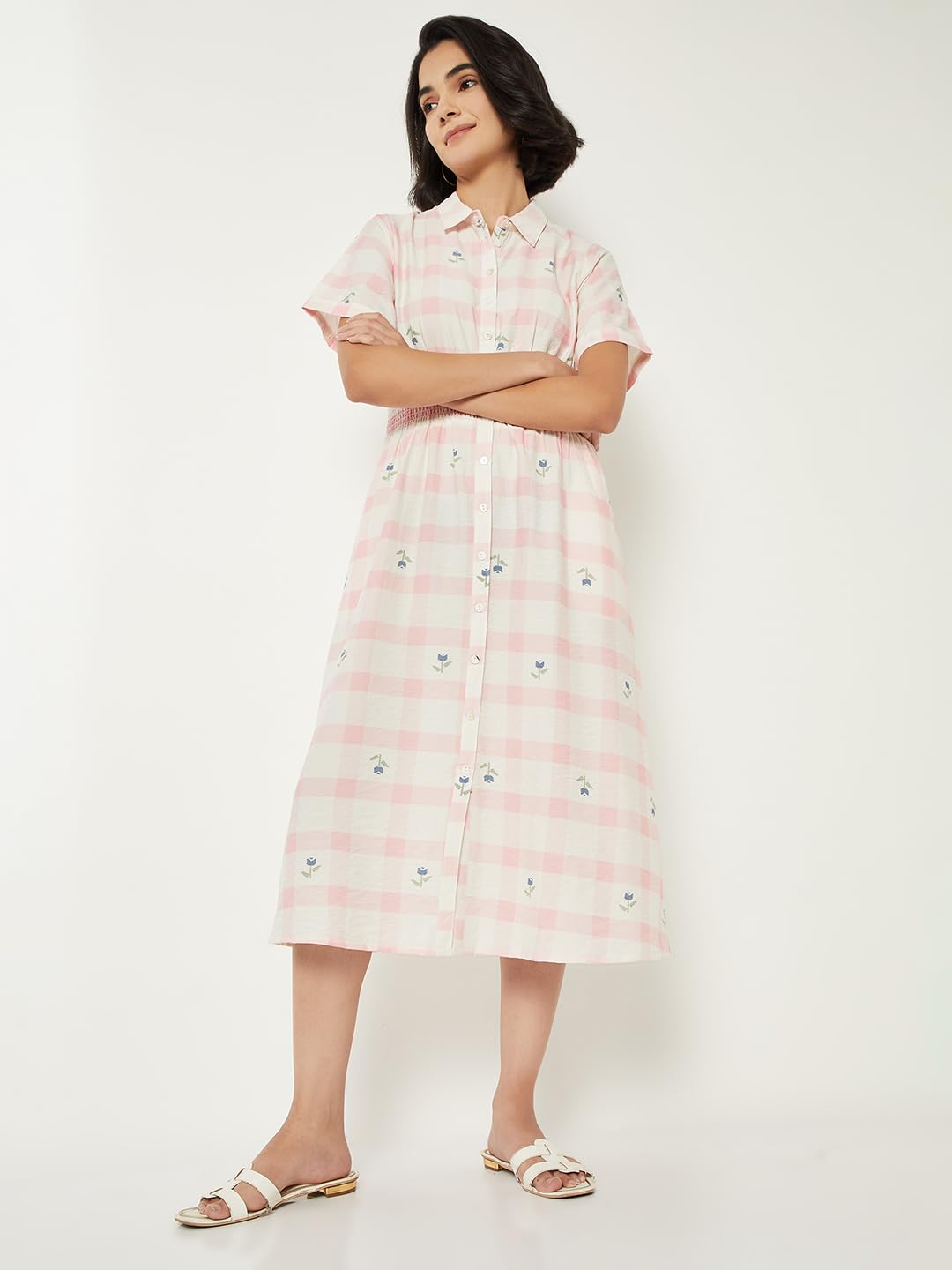 Max Women Checked Shirt Dress (White_L)