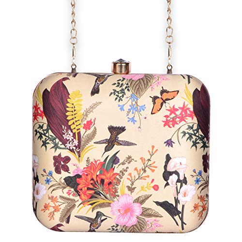 Artklim Beige Flower & Birds Print Hand Clutch for Women & Girls - Box Handbag with Chain Strap - Designer Evening Purse - for Wife