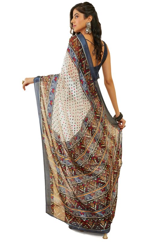 Soch Womens Grey Bandhani Print Chiffon Saree