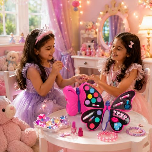 Jugutoz 2-in-1 Butterfly Makeup & Nail Art Kit for Kids | Big Pretend Play Beauty Case | Non-Toxic Cosmetic Set with Nail Accessories | Gift for Boys & Girls