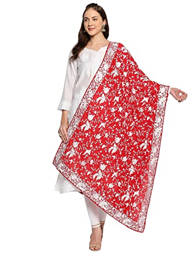 DUPATTA BAZAAR Women's Red Embroidered Parsi Gara Georgette White Thread Work Dupatta, free size