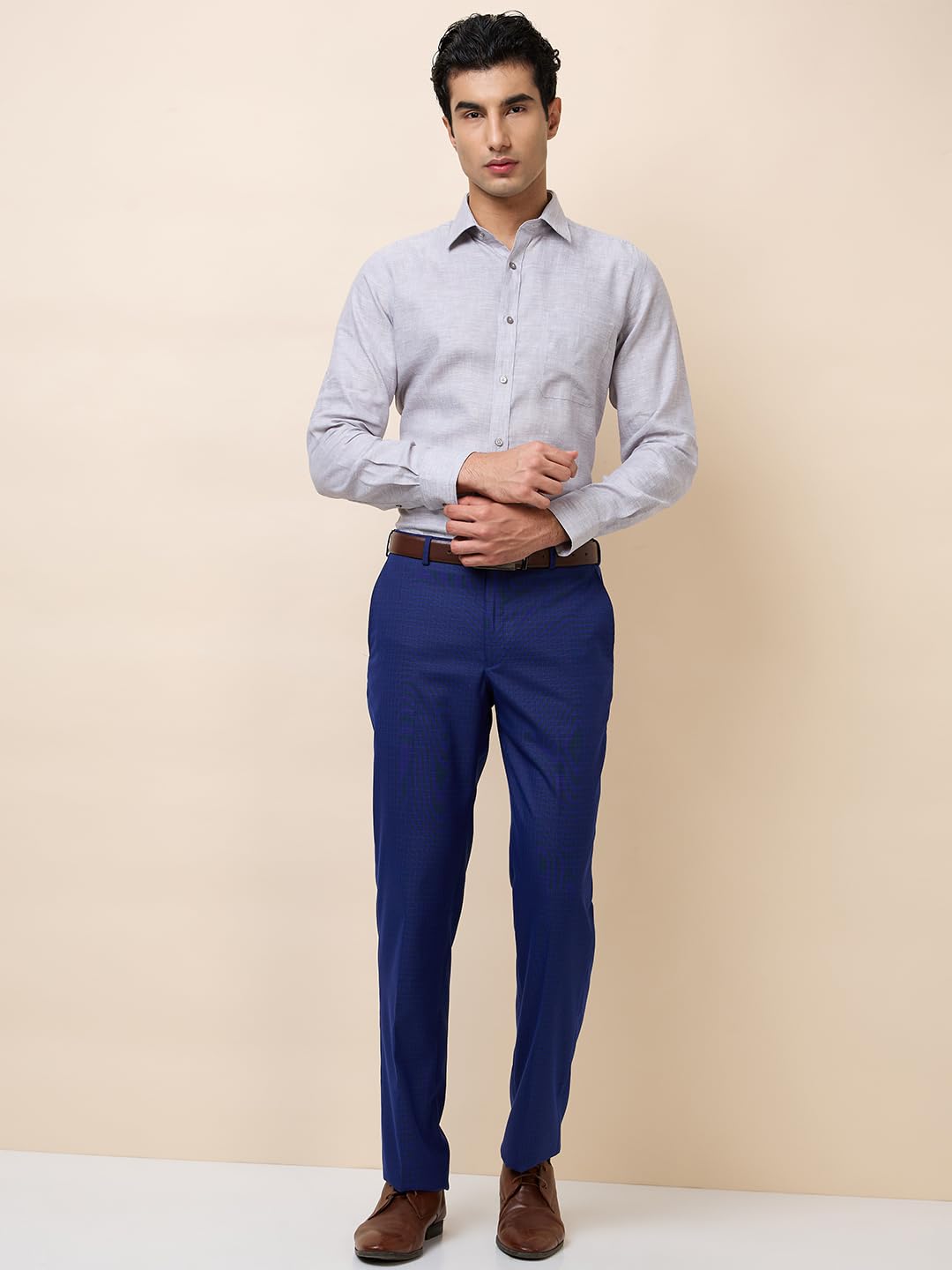 Park Avenue Men Regular Fit Checks Pattern Polyester Blend Flat Front Formal Trouser Blue