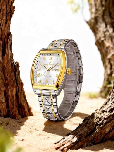 Daniel Hechter Duroc Collection Luxury Watch for Men with Roman Indices, Day-Date Display and Two-Tone Studded Stainless Steel Strap (White)