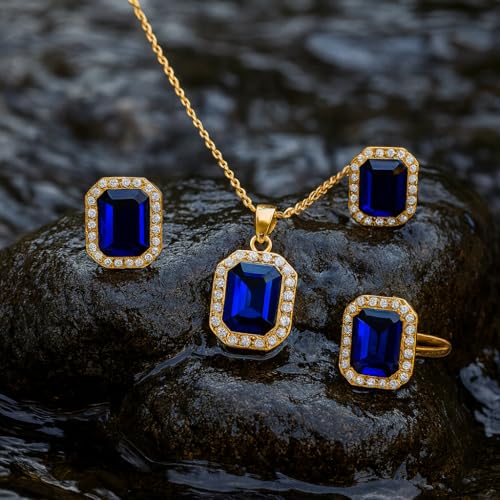 Anuradha Art Jewellery Delicate golden finish and square blue stone stud chain pendant, earring, finger ring set for women and girls. (blue)