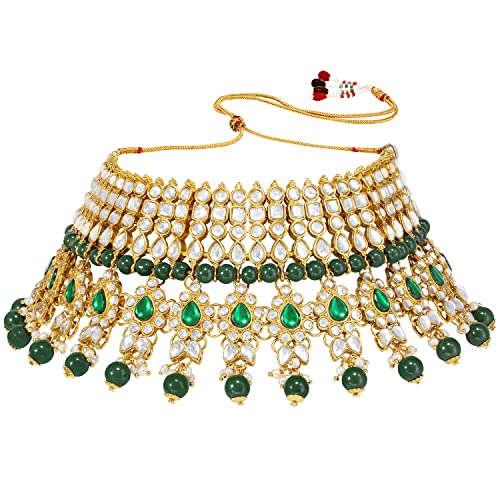 Peora Gold Plated Green Kundan Choker Necklace Earrings Maang Tikka Jewellery Set for Women