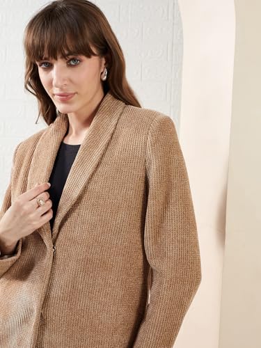 Latin Quarters Women's Brown Full Sleeves Spread Collar Self Design Casual Hip Length Blazer_XL