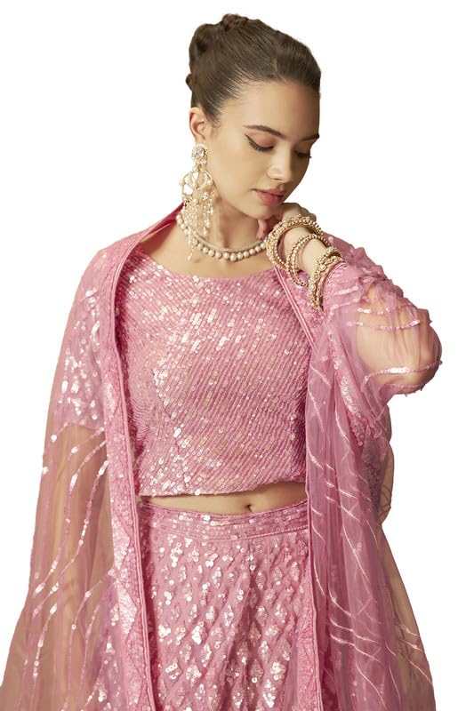 Soch Womens Blush Pink Net Geometric Pattern Sequin Embellished Unstitched Lehenga Set