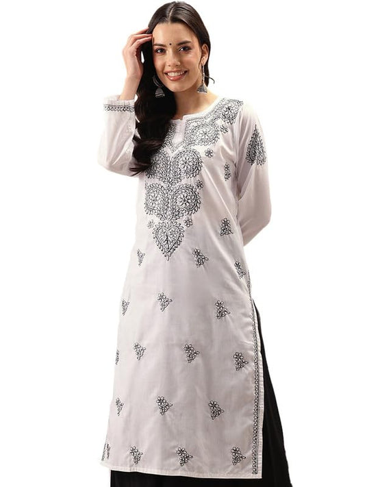 Ada Hand Embroidered Lucknow Chikankari White Cotton Kurta Kurti for Women A411557 (M)