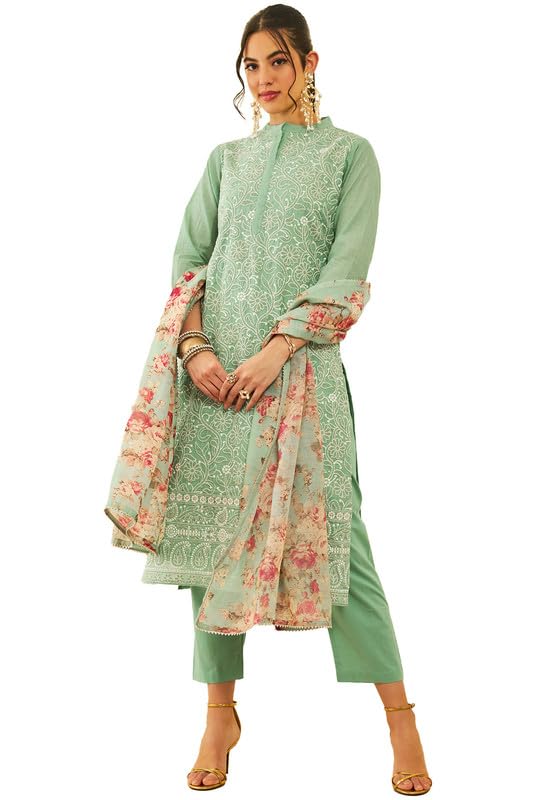 Soch Womens Sea Green Chanderi Chikankari Embroidered Suit Set With Sequins