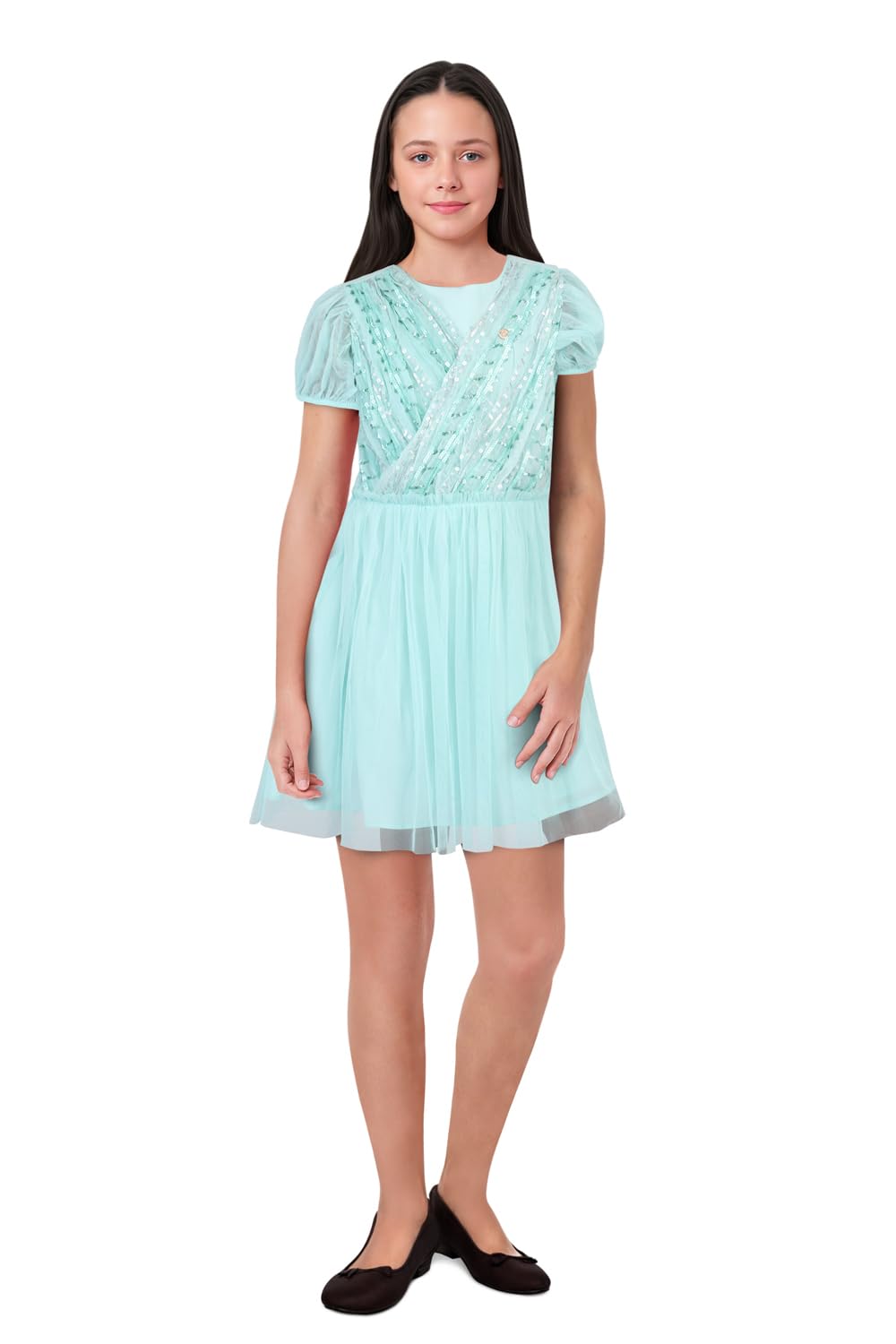 Allen Solly Girl's Synthetic A-Line Knee-Length Dress (AGDRERGFM68839_Medium Blue_13 Years-14 Years)