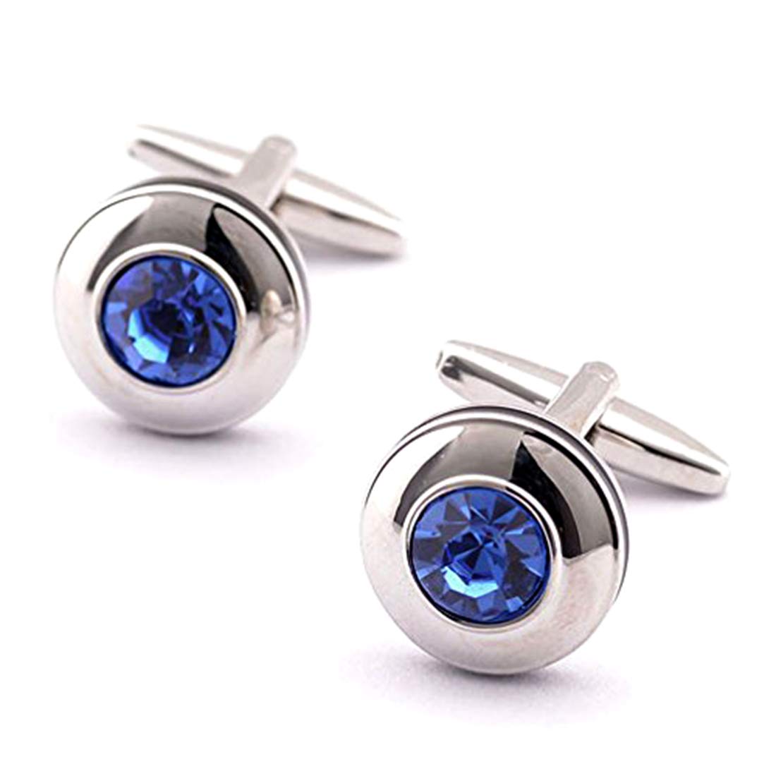 Peora Silver Plated Circular Blue Crystal Cufflinks for Men Boys Wedding Corporate Business Gift