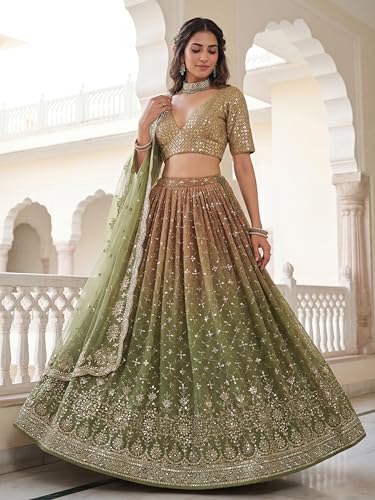 Zeel Clothing Women's Sequins Zari Embroidered Georgette Lehenga Choli With Dupatta (7086-Mahendi-Women-Lehenga-Choli, Free size) (Mahendi)