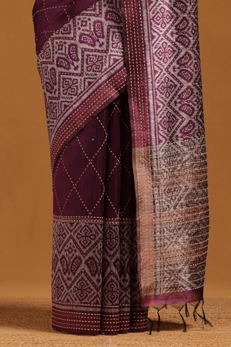 Soch Womens Magenta Tussar Geometric Saree With Kantha Embroidery