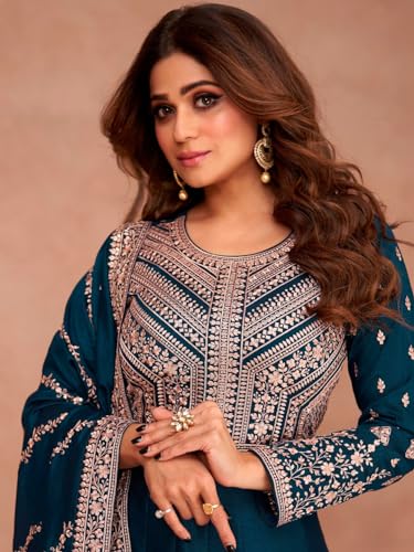 Omkar Textile's Anarkali Gown with Dupatta Set for Women, Chinon Fabric || Ethnic Gown (in, Alpha, XL, Regular, Teal Blue (Rama))