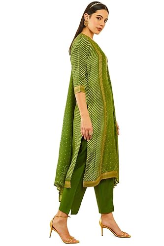 Soch Womens Green Brocade Bandhani Printed Suit Set with Mirror Work