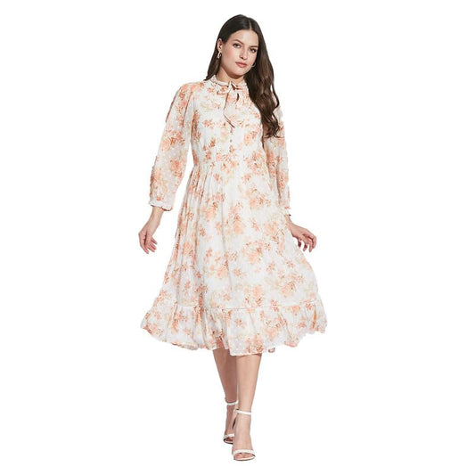 Latin Quarters Women Orange Tie-Up Neck 3/4 Sleeve Floral Dress_M