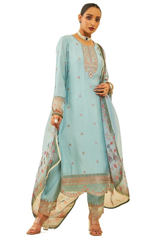 Soch Womens Powder Blue Chanderi Embroidered Suit Set With Sequins