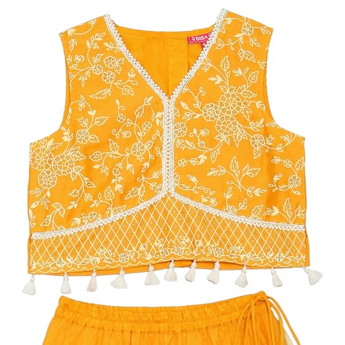 BIBA Girl's Solid Straight Polyester Readymade Lehenga Choli Set (Kwwhite Blooms5966_Yellow_9)