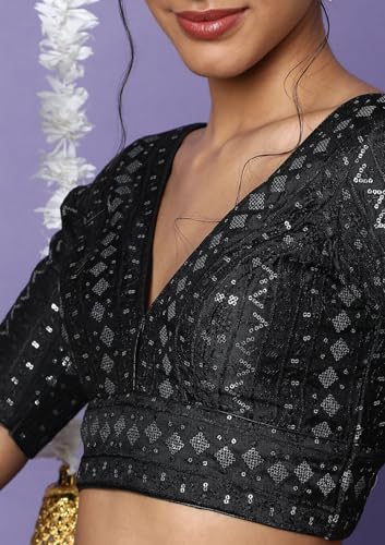 S SALWAR STUDIO Black Silk Embroidered Readymade Saree Blouse