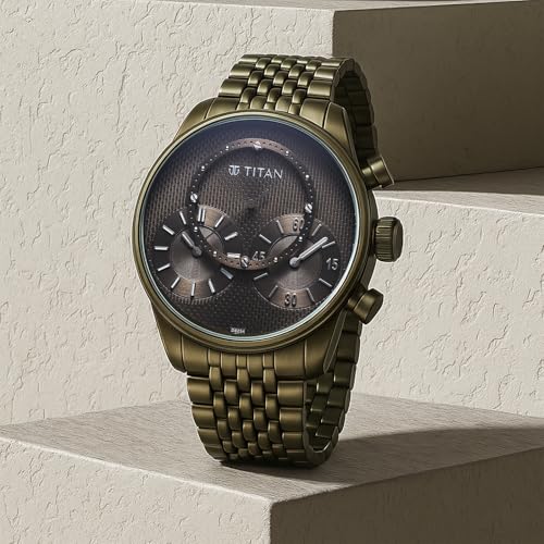 Titan Micromotors Analog with Independent Hour, Minute and Second Sub-Dial and Olive Dial Olive Stainless Steel Strap Watch for Men - 90179QM01
