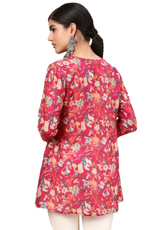 Soch Womens Fuchsia Floral Printed Notched Neck Silk Blend A-Line Tunic