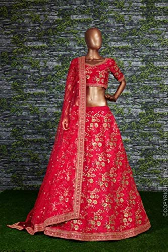 Zeel Clothing Women's Art Silk Semi Stitched Lehenga Choli with Dupatta (7028-Red-New-Wedding-Bridal-Lehenga;Free Size)