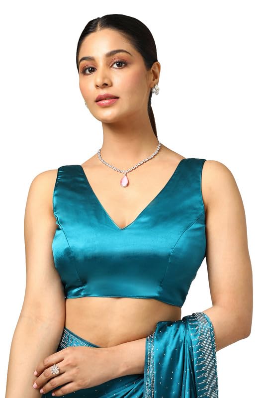 Soch Womens Teal Satin Embellished Saree With Stone Work