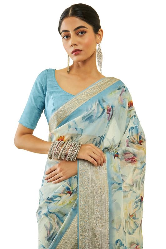 Soch Womens Turquoise Blue Organza Floral Print Saree with Woven Borders