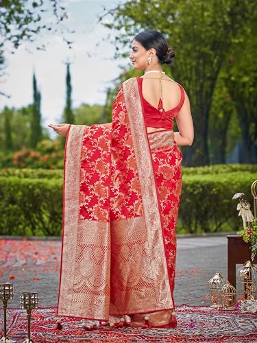 MANOHARI Women's Most Trendy Banarasi Satin Silk Woven Vibrant Red Saree With Heavy Jacquard Work Saree With Blouse Piece_MN2050