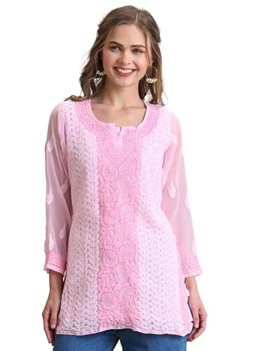Ada Hand Embroidered Lucknowi Chikankari Georgette Short Kurti Top Tunic for Women A911515 Baby Pink (M)
