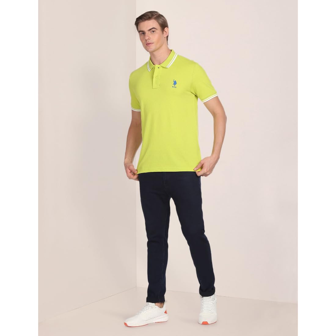 U.S. POLO ASSN. Men's Tipped Collar Pure Cotton Slim Fit Polo Shirt (USTSHS1541_Lt. Green_Lt. Green_S)