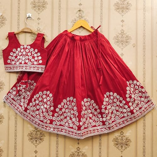 Tejam Kids Girls Taffeta Silk Embroidered Beautifull Latest Crop Top With Lehenga Set For Girls 2 To 8 Years (Red, 7-8 Years)