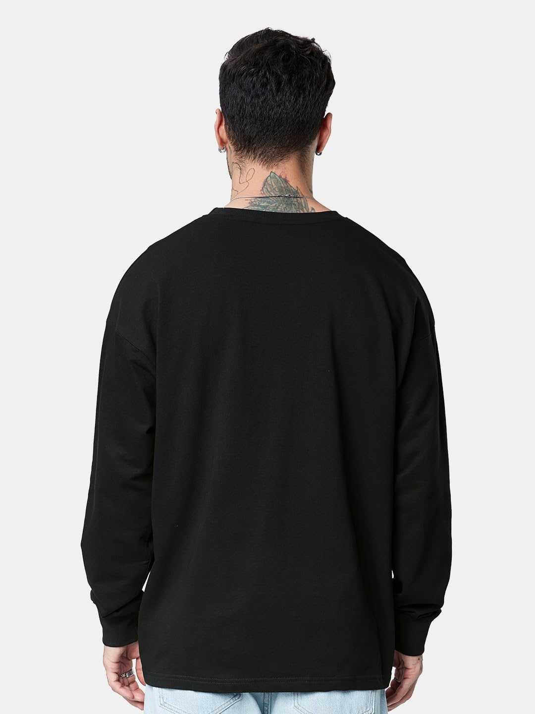 The Souled Store Solids: Black () Full SleeveSolid Black Color Men Full Sleeve Oversized T Shirts for Men Baggy Off-Shoulder Loose Fit Relaxed Drop Shoulder Round Neck Back Printed