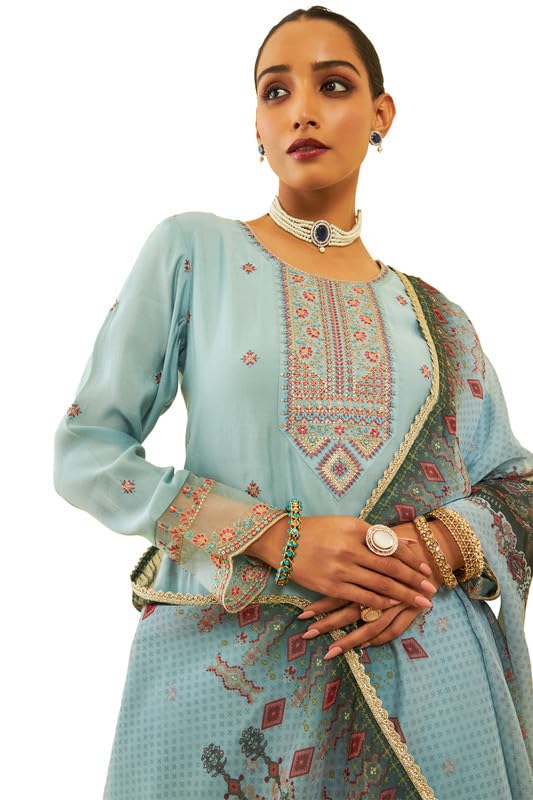 Soch Womens Powder Blue Chanderi Embroidered Suit Set With Sequins