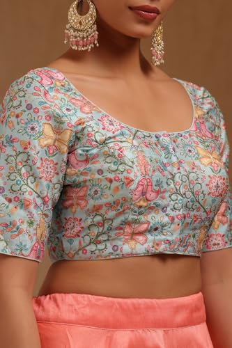 Soch Womens Powder Blue Art Silk Floral Print Padded Blouse with Zari