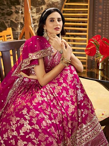 Zeel Clothing Women's Sequins Zari Embroidered Dola Silk Jacquard Lehenga Choli With Dupatta (7100-Women-Lehenga-Choli-Latest, Free size) (Rani Pink)
