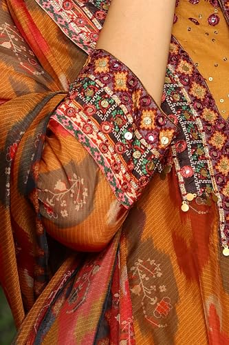 W for Woman Mustard Yellow Ikkat Printed Embellished Organza Anarkali Kurta, Churidar and Dupatta Set (Size: S)-24AUWS11507-124574