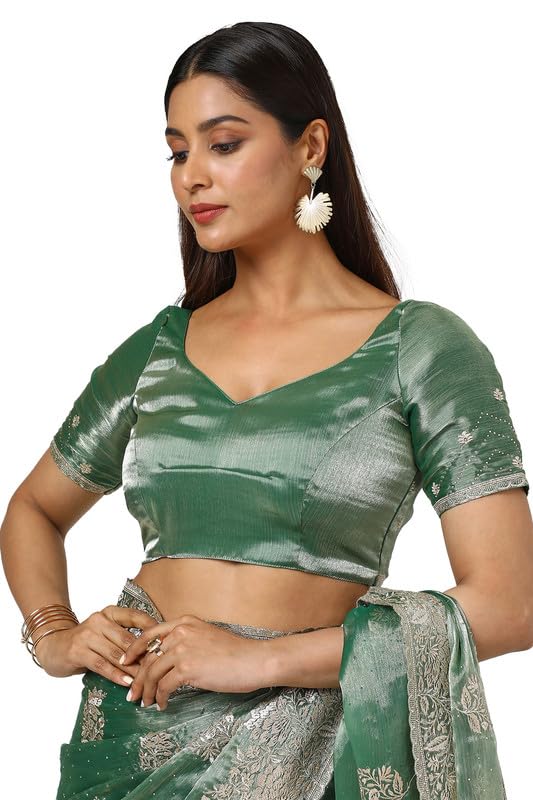 Soch Womens Light Green Organza Embroidered Saree With Stone Work