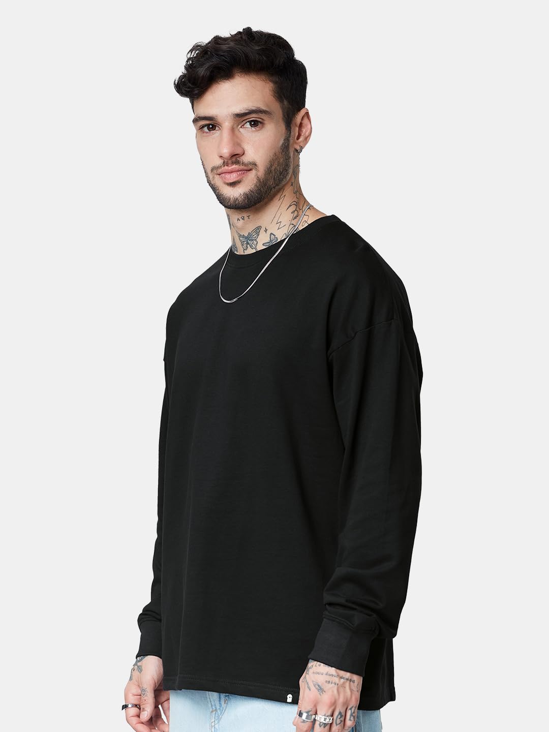 The Souled Store Solids: Black () Full SleeveSolid Black Color Men Full Sleeve Oversized T Shirts for Men Baggy Off-Shoulder Loose Fit Relaxed Drop Shoulder Round Neck Back Printed