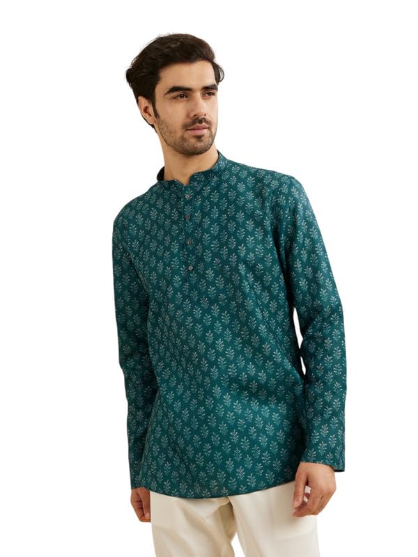 Manyavar Men's Cotton Blend Digital Print Short Kurta (Teal Green,M)