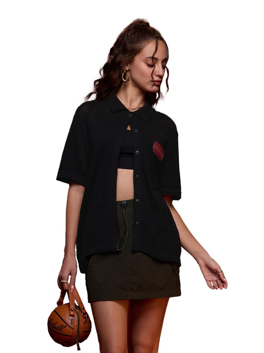 The Souled Store Open Knit: No Regrets Women and Girls Short Sleeves Collared Typography Printed Cotton Relaxed Fit Lightweight Summer-Ready Casual Streetwear Shirts