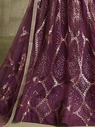 Zeel Clothing Women's Net Semi-Stitched Thread Sequins Work Embroideredry Soft Lehenga Choli with Dupatta (NFH-2206-Wine--Lehenga-Choli-Latest; Free Size)