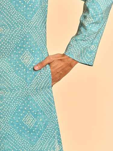 DIWAS BY MANYAVAR Men's Viscose Bandhani Print | Embroidered Neck Kurta Set (Turquoise Blue,XL)