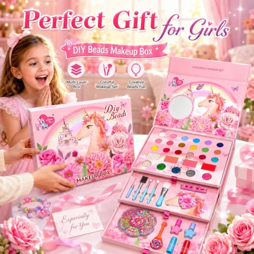 ZYCRONIX Kids Makeup Kit for Girls with DIY Beads, Multi-Layer Unicorn Makeup Box with Eyeshadow, Blush, Glitter, Lipstick, Lip Balm, Nail Polish, Brushes & Jewellery Making Set, Birthday Gift