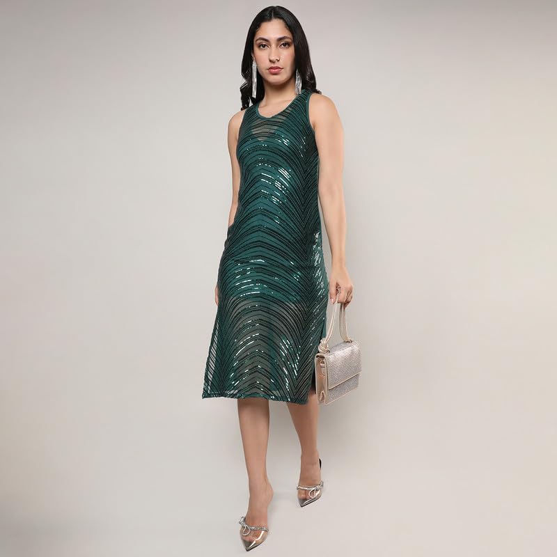 Campus Sutra Women's Forest Green Sequin Slit Dress for Casual Wear | Round Neck | Sleeveless | Zipper Closure | Dress Crafted with Comfort Fit for Everyday Wear