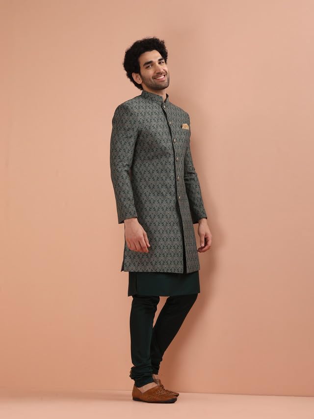 KISAH Men Grey Jacquard Kurta Indowestern Sherwani Churidar Set with Floral, 38
