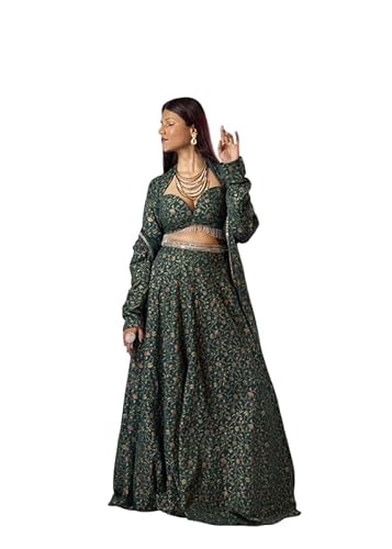 Anakriti Label Women Dark Green Lehenga Set with Jacket & Sweetheart Neck Blouse | Festive Indo-Western Ethnic Outfit for Wedding, Sangeet & Party Function Dark Green - XS