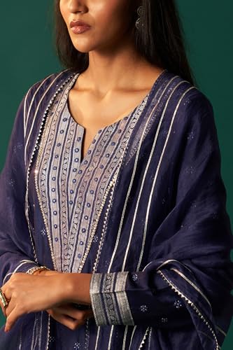 Wishful Women's Blue Heavy Embroidered Straight Festive Tissue Kurta with Culotte and Dupatta Set (SP12856-401190-2XL)
