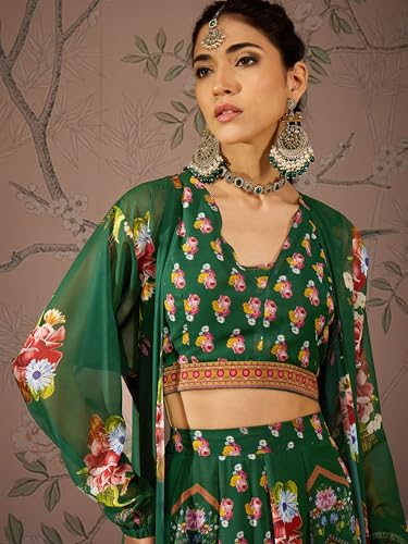 Green Multi Floral Crop Top With Anarkali Skirt & Shrug