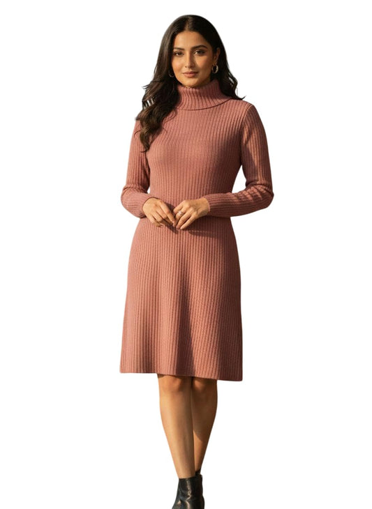 PatolaSwag Women’s Winter Knitted Warm High-Neck Knee-Length Dress – Peach Soft Ribbed Sweater Dress for Party, Office, Casual & Outing Wear (in, Alpha, M, Regular, Standard, Peach)